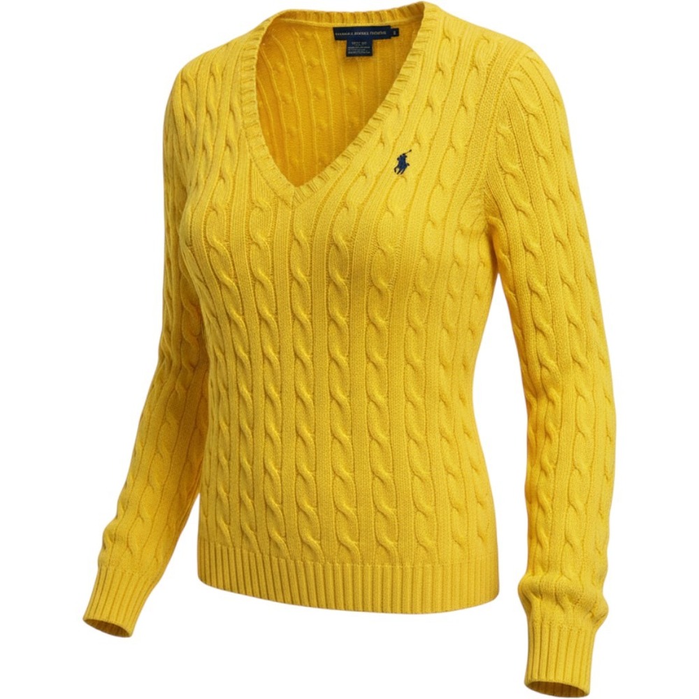 Ralph Lauren Sport Cable Knit Sweater Womens Medium Yellow V-Neck Preppy
